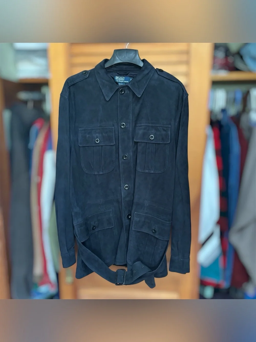 Vintage 90s Polo Ralph Lauren Blue Suede Leather Safari Belted Jacket Coat XL